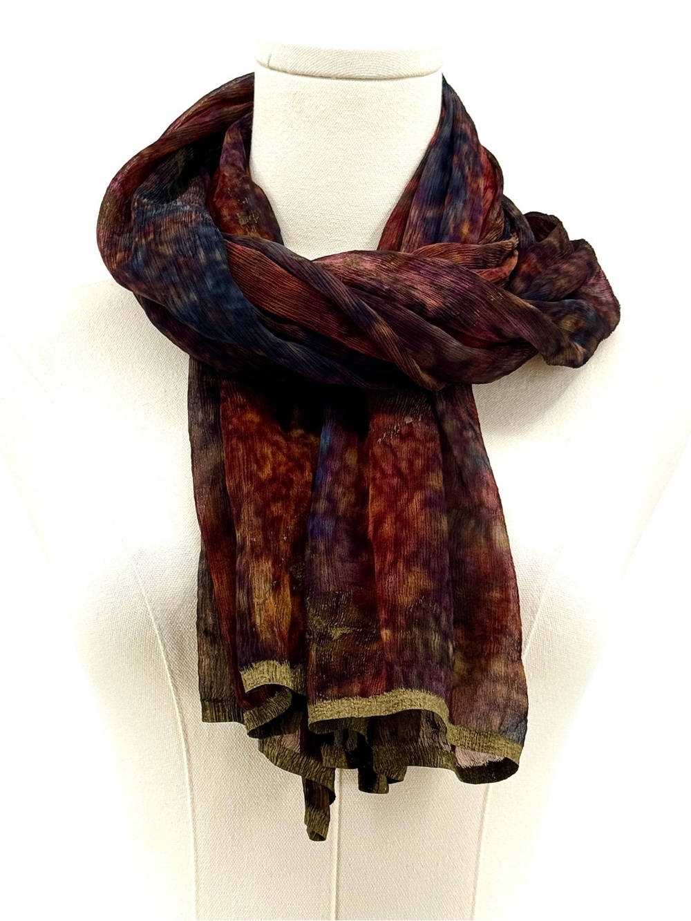 Vintage Artisan Crafted hand dyed silk shawl scarf deep orange red gold
